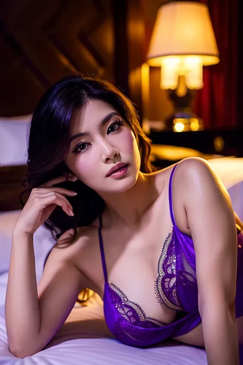 a beautiful asian milf lying on a luxury hotel bed, wearing purple lingerie, detailed facial features, detailed eyes and lips, intricate purple lingerie, ornate hotel room, dramatic lighting, full body shooting,high-quality photorealistic rendering, cinema...