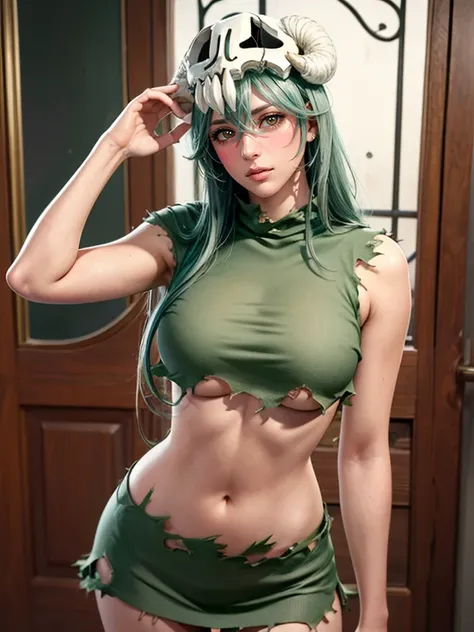 (masterpiece, best quality:1.2), cowboy shot, solo, 1girl, odelschwanck, expressionless, closed mouth, looking at viewer, hand in own hair, green hair, skull, torn clothes, underboob, skirt