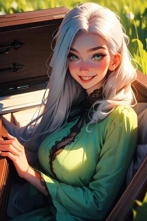 A young silver haired woman with green eyes in a pretty gothic dress is laying in a coffin with a big smile and a blush