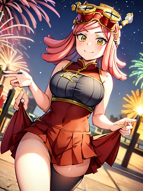 hatsume mei(mha), 1girl solo,pink hair,short hair,goggles on head, chinese clothes,bangs,symbol-shaped pupils, yellow eyes, happy, looking at viewer, outdoors,fireworks,night time,festival, depth of field, fair, perfect face, curvy,  highres, leg cutout,co...