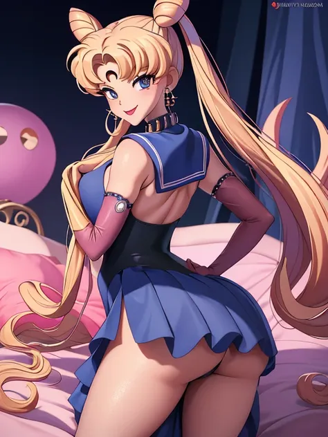 masterpiece, best quality, absurdres, perfect antomy, 1girl, solo, SMMoon, 1990s (style), blonde sailor moon, standing, smile, cowboy shot, sailor senshi uniform, sailor collar, blue skirt, elbow gloves, big booty, ultra mini skirt , jewelry, earrings, lyi...