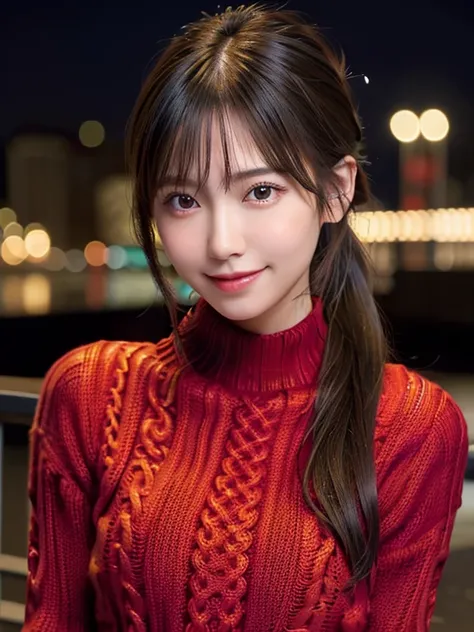 1 Japanese girl,(Colorful red high neck sweater:1.4), (RAW Photos, highest quality), (Realistic, Photorealistic:1.4), Tabletop, Very delicate and beautiful, Very detailed, 8k wallpaper, wonderful, In detail, Very detailedなCG Unity, High resolution, Soft Li...