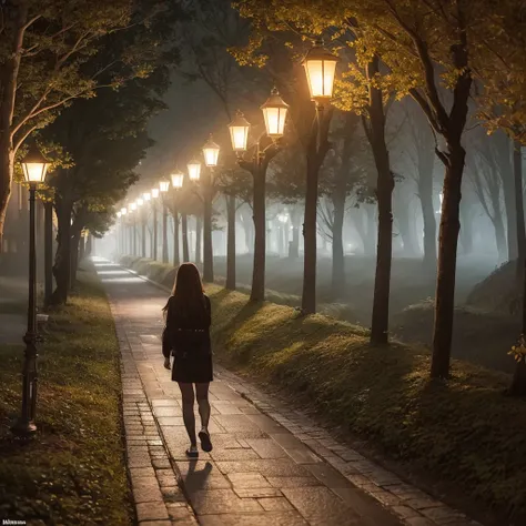 Noche oscura. Camino o calle cubierta de niebla. Luces de farola. Las luces de farola apenas iluminan a traves dr la niebla. En el medio del camino hay una chica con capucha roja.