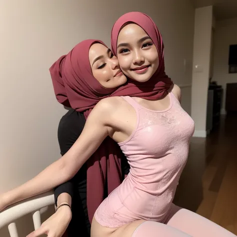 Beautiful female, one woman, 1 with satin White Hijab, thigh highs, pajamas, pink tank top, huge breasts, hard, kiss each other, detailed body, detialed hands, good quality, ecstacy, drool, smirk, sexy, thigh highs, lace bra, 14 years OLD teen girl