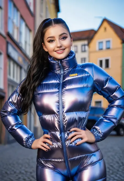 hyperrealistic beautiful busty 18-year-old teen girl with long legs wearing glossy geo patterned  voluminous puffer plastic fullbody catsuit, model shooting full body photography, raven black hair with long ponytail, dark eye makeup with eyeliner, seductiv...