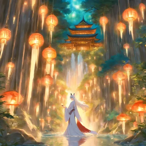 Fox girl, white hair, long hair, fox ears, kimono, many tails, near a beautiful temple in the forest, unearthly beauty, Galadriel, a beautiful fantasy painting., inspired by Nene Thomas, an unearthly fairy tale inspired by Edward Robert Hughes, a fantastic...