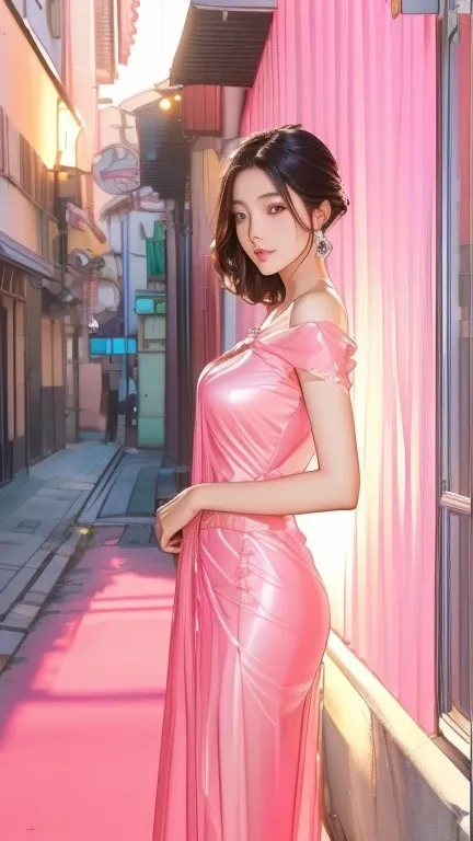 Photo shoot by a professional photographer, UHD, accurate, anatomically correct, masterpiece, textured skin, high details, high quality, 8k, A woman in her 50s wearing a pink dress standing on the sidewalk, Cute and elegant pose, Beautiful Asian Girl, Gorg...