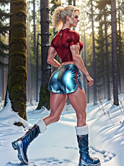 (best quality:1.5), (hyperrealistic:1.5), 8k, uhd, hires, alluring, 1woman, solo, 23_year_old_icelandic_woman, (tall_muscular_toned_body), curly_short_blonde_haired, (red_fitness_metallic_shirt), (blue_fitness_metallic_shorts), (white_fitness_boots), blue_...