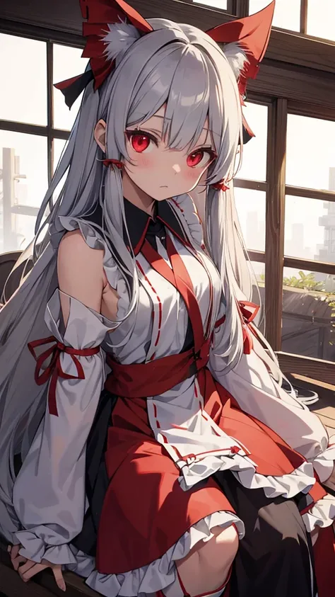 Highest quality　I have long hair　Gray Hair　Konpaku Youmu　Reimu Hakurei　Red eyes　I dont have anything　vampire　Odd Eye　kind　Miko costume　Cat ear　Embarrassed　Background Black　Two people