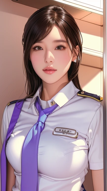 Photo shoot by a professional photographer, UHD, accurate, anatomically correct, masterpiece, textured skin, high details, high quality, 8k, Arabian woman in uniform posing for a photo in a hallway, Girl in uniform, JK Uniform, cute Pilot Girl, Jaeyoung Na...