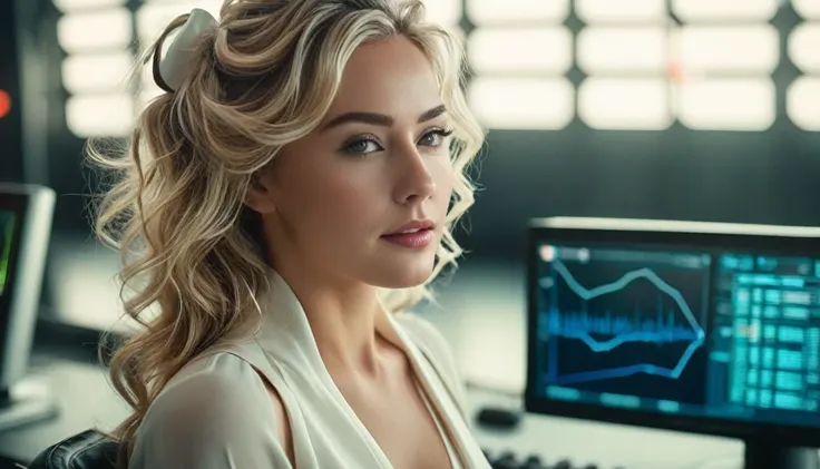 cinematic wide angle full body shot of a stylish european long blonde wavy haired woman wearing (elegant short white dress with bow strap)and sitting in front of a futuristic computer in a programming room, futuristic multi colored cyberpunk styled neuron ...