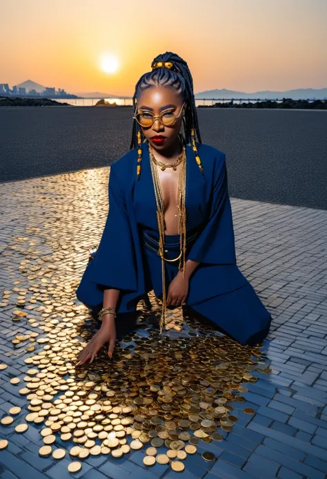 wearing the gold chain glasses several gold coin scattered on the floor, Create the image of a black samurai woman, with braided dreadlocks, modern hair posing in Japan with a beautiful sunset and covered in blood in white blue and white , with full body v...