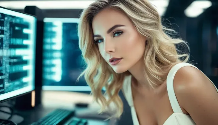 cinematic wide angle full body shot of a stylish european long blonde wavy haired woman wearing (elegant short white dress with bow strap)and sitting in front of a futuristic computer in a programming room, futuristic multi colored cyberpunk styled neuron ...