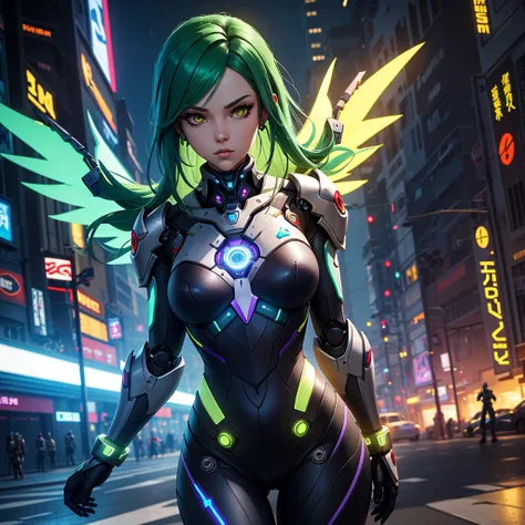 Generate an AI image of a robot girl adorned with robotic wings, clad in a futuristic tech armor featuring green, blue, and purple hues. Standing tall amidst a technologically advanced city of the future, she exudes an anime-inspired charm reminiscent of M...