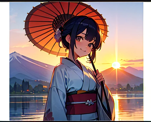 highest quality、Lakeside in front of the mountain、Mt fuji、summer、evening、Beautiful sunset、outside of home、Young girl、Smile on screen、Detailed beauty、picnic、Open the parasol、kimono、taisho roman 