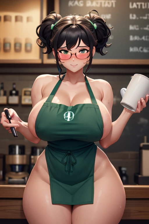 Masterpiece, very huge breasts, perfect body, perfect , perfect face, perfect fingers, gorgeous face, slutty, tan skin, behind a bar, ((barrista)), pigtails, ((full body shot)), green naked apron, ((lactating breasts)), glasses, soaking through top, blushi...