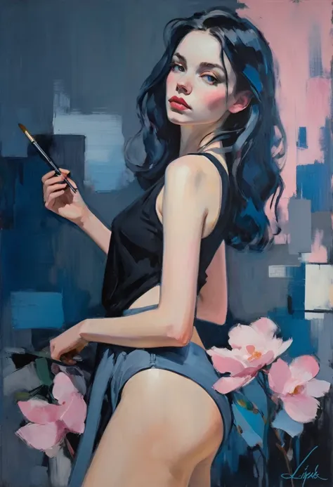 Create a contemporary portrait of a person in the expressive and painterly style of Malcolm Liepke, utilizing a palette of light pink, muted blue, dark grayish blue, bright blue, very dark gray, and light grayish blue. The portrait should feature a close-u...