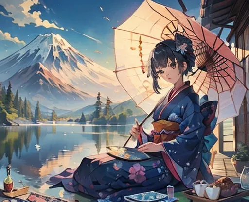 highest quality、Lakeside in front of the mountain、Mt fuji、summer、Daytime、Beautiful blue sky、outside of home、Young girl、Smile on the screen、Detailed beauty、picnic、Open the parasol、kimono、taisho roman 