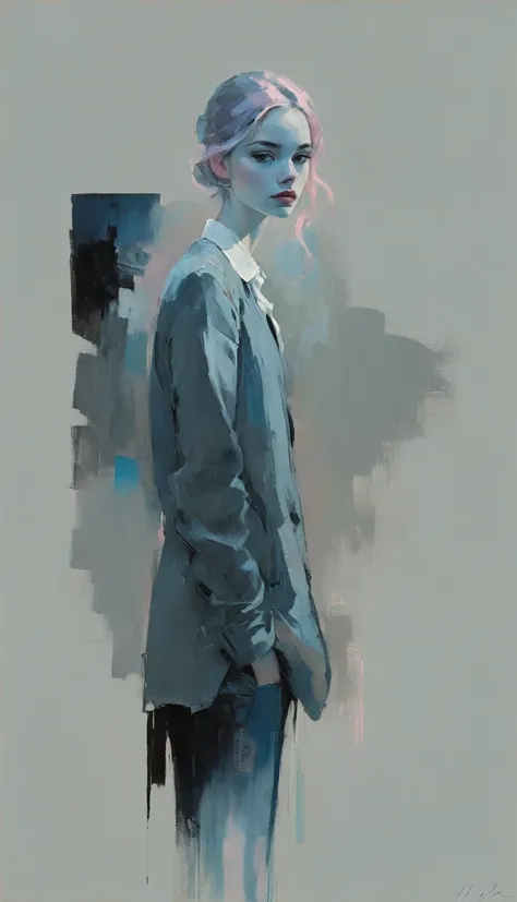 Create a contemporary portrait of a person in the expressive and painterly style of Malcolm Liepke, utilizing a palette of light pink, muted blue, dark grayish blue, bright blue, very dark gray, and light grayish blue. The portrait should feature a close-u...