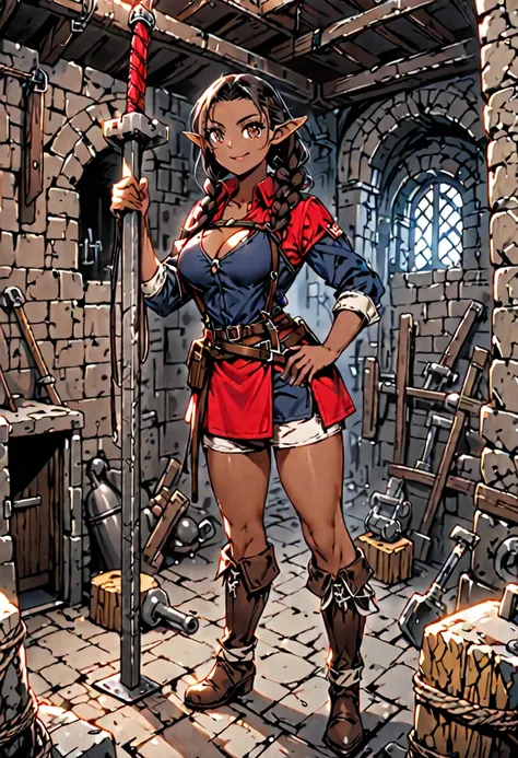 solo, female, sfw, ((dwarf)), mature woman, dark skin, brown eyes, large breasts, muscular, medieval, construction uniform, cleavage, hammer, ((dungeon)), construction site, fantasy, pointy ears, braids, medium view, broad shoulders, strong, mischievous sm...