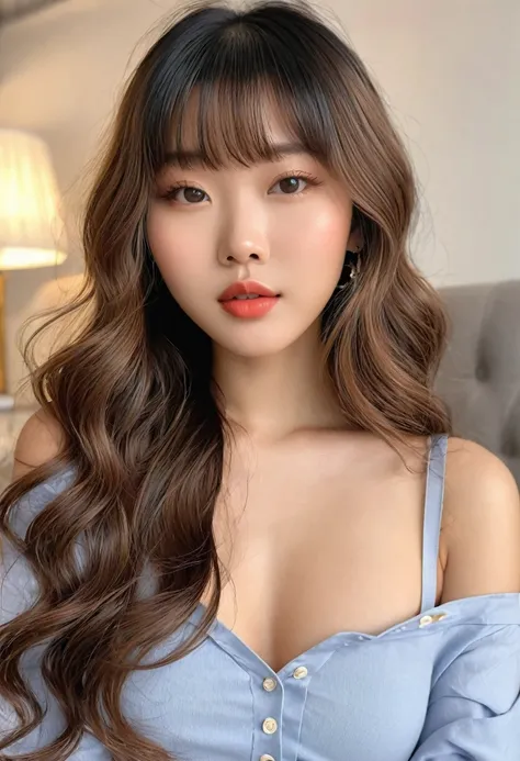 (Hotlexi woman), (best high quality:1.5), ((8k)), extremely detailed, (High details:1.4), Solo, 18 year old Asian female, (wavy hair with bangs), ((body of a skinny with an hourglass shape)),