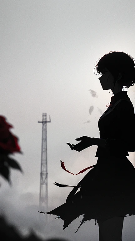 1 Girl, (silhouette:1.3), blackwork, mysterious, uncertain, fascinating, (clear scarlet roses in the foreground), Ruin, abstract, ambient lighting, (blurred background, blurred foreground, Depth of field:1.3), Swirling fog, grey mist, traditional texture, ...