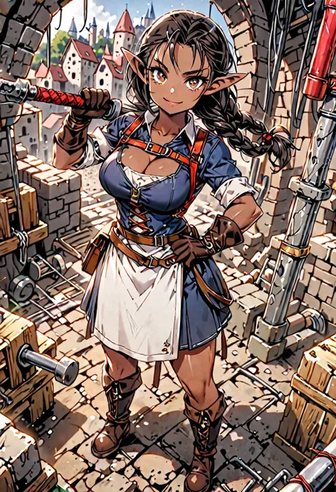 solo, female, sfw, dwarf, mature woman, dark skin, brown eyes, large breasts, muscular, medieval, construction uniform, cleavage, hammer, ((underground)), construction site, fantasy, pointy ears, braids, medium view, broad shoulders, strong, mischievous sm...