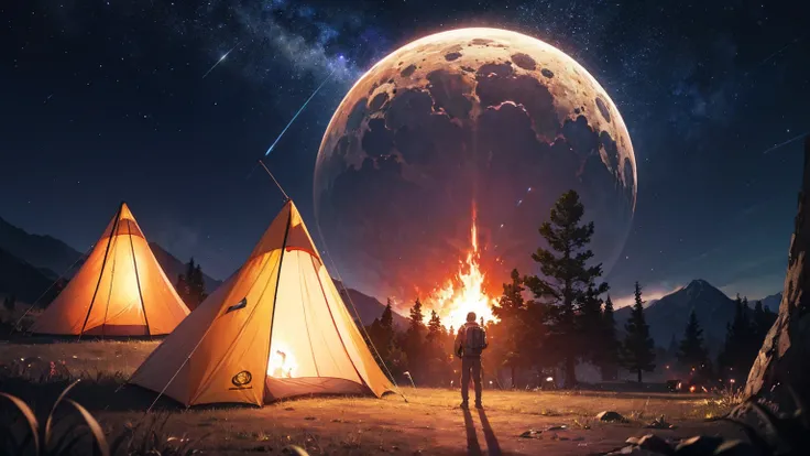 Outdoor Camping, night, Alien planets, Alien fauna, Alien Technology, Alien planetss and unknown constellations in the night sky, fantastic Outdoor Camping on an Alien planets, Movie Frame, Very detailed, Very long, Hyperactivity, Super accurate, (classic ...