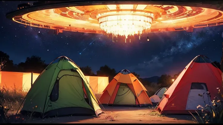 Outdoor Camping, night, Alien planets, Alien fauna, Alien Technology, Alien planetss and unknown constellations in the night sky, fantastic Outdoor Camping on an Alien planets, Movie Frame, Very detailed, Very long, Hyperactivity, Super accurate, (classic ...