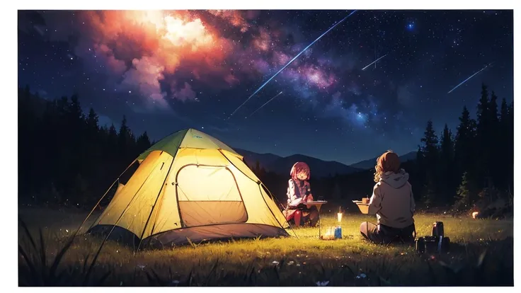 Outdoor Camping, night, Alien planets, Alien fauna, Alien Technology, Alien planetss and unknown constellations in the night sky, fantastic Outdoor Camping on an Alien planets, Movie Frame, Very detailed, Very long, Hyperactivity, Super accurate, (classic ...