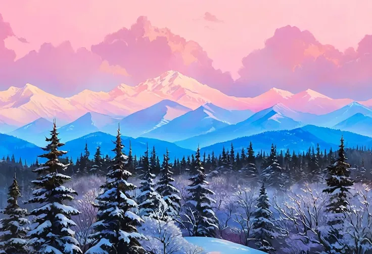 Create a winter landscape painting with a serene atmosphere, using a palette of light pink, muted blue, dark grayish blue, bright blue, very dark gray, and light grayish blue. The scene should feature a snowy forest in the foreground and a majestic mountai...