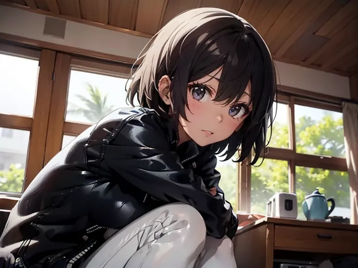 maho Nishizumi,Yorha 2B,
Age 35,Wear only black jacket,White pants,Revealing clothing,
Bobcut,symmetry,White Hair,White Eyes,
low length,Small breasts,Lower milk,Confused expression,Broken posture,from the front,

One Woman,Indoors at home,bedroom,sit,
Bea...