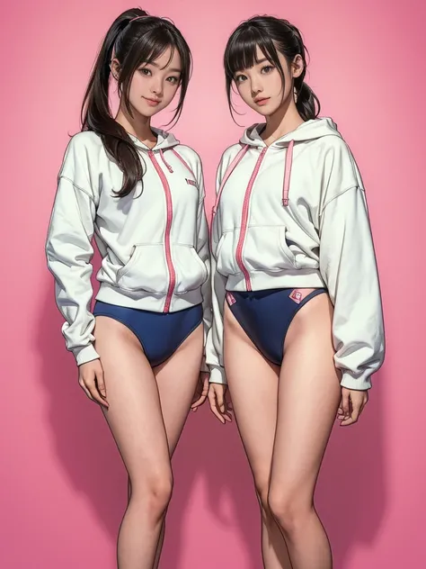 (2 girls, Same height :1.2) ,Couple focus ,  15 years old,   Japanese Girls ,  (Smile:0.7), Stand side by side ,  Gymnastics suits, White long sleeve hoodie, food, School swimsuits, , Beautiful thighs, Thin waist, Thin thighs, Thin legs, Long legs, にやにやのSm...