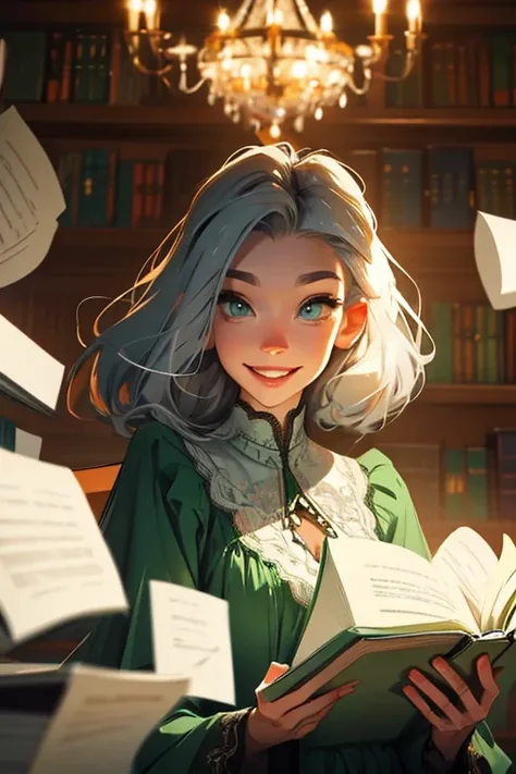 A young silver haired woman with green eyes in a pretty gothic dress is smiling in a flurry of floating books in a library