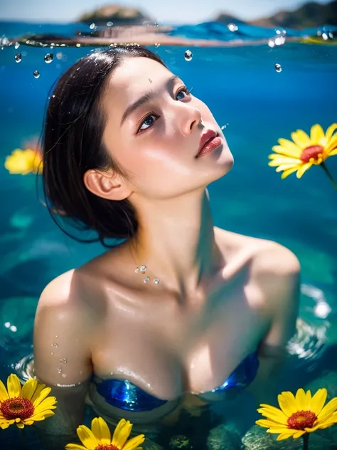 (maximum quality, masterpiece, Detailed, 8K), Mermaid with blue hair and flowers floating in water, beautiful mermaid, Realistic Photograph portrait of Asian Woman Water Elemental, gorgeous, Best quality,Masterpiece,(Photorealistic:1.4),RAW photo,(Authenti...