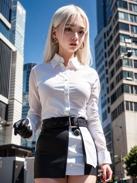 1 Girl, Close-up shot, (white hair, Medium Length Hair, Large Breasts, Red Eyes), Perfect anatomical structure, City, Cyberpunk style, ((White shirt, black jacket, Black skirt, Umbilical cord, belt, Black gloves, tie, watch, earrings, Transparent black)), ...