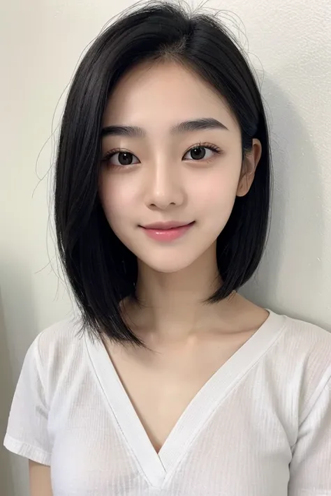 Korean girl teenager small forehead thin eyebrows thin nose big eyes super thin lips short black hair charming smile full body 