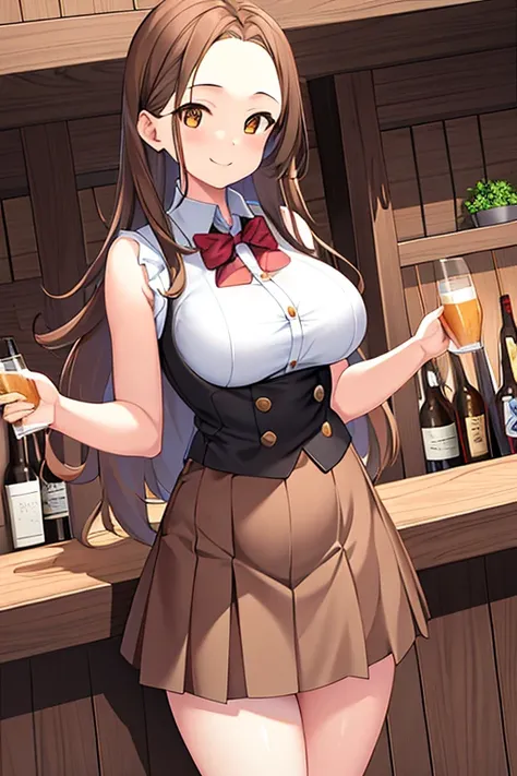 1girl, forehead, large breasts, skirt, brown skirt, bar, brown hair, medium hair, cup, smile, standing, mature female, layered skirt, sleeveless, long shirt, bowtie, bow