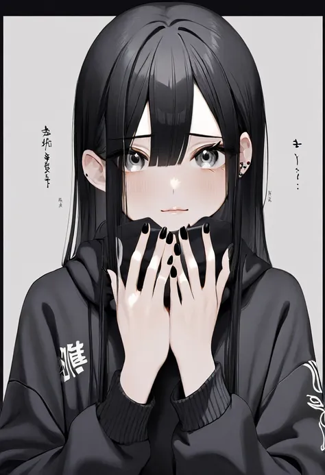 one girl、cute、cool、black hair、long hair、gray color eyes、swirls in the eyes、🌀😵‍💫、black hoodie、straight hair、put your hands on you...