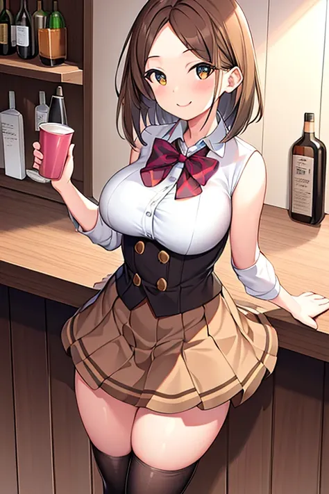 1girl, forehead, large breasts, skirt, brown skirt, bar, brown hair, short hair, cup, smile, standing, mature female, layered skirt, sleeveless, long shirt, bowtie, bow, bubble skirt