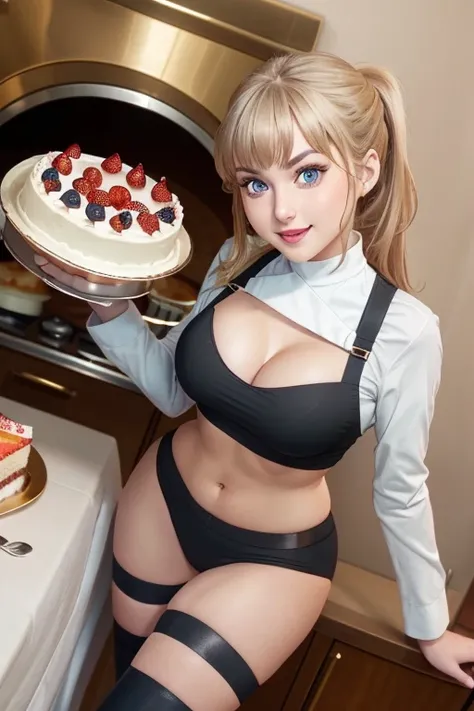 (dynamic angle:1.3, front view:1.1, breast focus:1.3, from above:1.1), (dynamic posing:1.2, sexy posing:1.2), (seductive smiling:1.3), ((looking at cake,Taking a cake out of the golden oven, worried about the outcome:1.2)),highest quality、(real、photorealis...