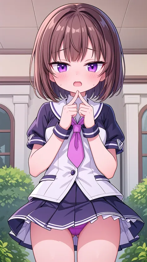 masterpiece,best quality,ultra detail, girl, short brown hair, purple eyes, short skirt, panties in sightsailor uniform,school garden, open mouth, shy, blush, detailed hands, detailed fingers, viewers view from below, (chibi:0.6), (chibi breast:0.6), (very...