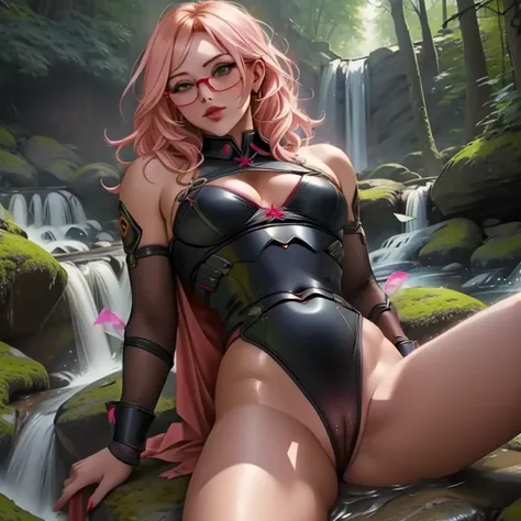 (masterpiece, best quality:1.2), cowboy shot, (solo, 1girl):1.3, glasses, long fluffy pink hair, gorgeous body, cowboy shot, slight smile, crop top, (sexy semitransparent (black) leotard), stomach, navel exposed, natural mid breasts, brown breast nipples s...