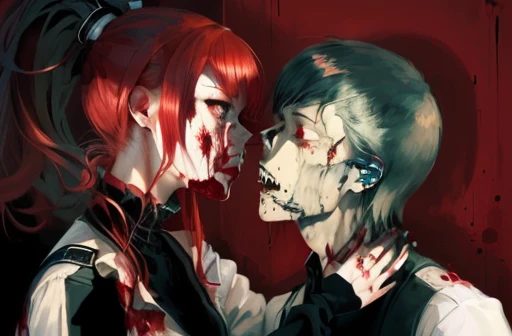 anime, couple, kiss, red hair, black, red, white, black, red, black, red, red, black, red, red, black, creepy!!, pixivs and junji ito, bloody scene, kiss mouth to mouth, [[blood]], by Shingei, digital art from danganronpa, sad!, creepy!!!