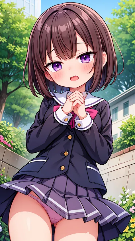 masterpiece,best quality,ultra detail, girl, short brown hair, purple eyes, short skirt, panties in sightsailor uniform,school garden, open mouth, shy, blush, detailed hands, detailed fingers, viewers view from below, (chibi:0.6), (chibi breast:0.6), sweat...