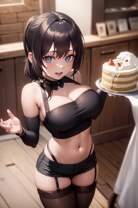 (dynamic angle:1.3, front view:1.1, breast focus:1.3, from above:1.1), (dynamic posing:1.2, sexy posing:1.2), (seductive smiling:1.3), ((looking at cake,Taking a cake out of the golden oven, worried about the outcome:1.2)),highest quality、(real、photorealis...