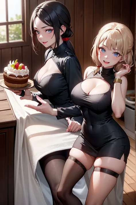 (dynamic angle:1.3, front view:1.1, breast focus:1.3, from above:1.1), (dynamic posing:1.2, sexy posing:1.2), (seductive smiling:1.3), ((looking at cake,Taking a cake out of the golden oven, worried about the outcome:1.2)),highest quality、(real、photorealis...