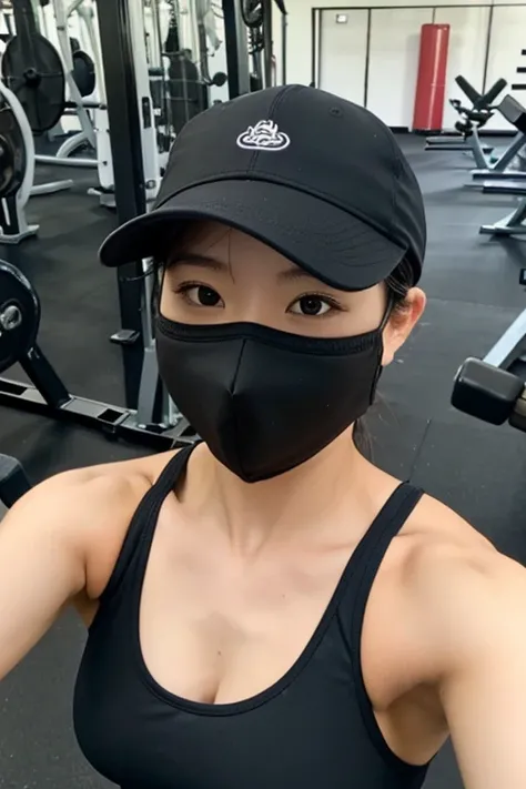 1 female, ((Upper body selfie, Happy)), masterpiece, highest quality, Super detailed, alone, Slender Japan woman, 30 years old,training uniform、Tank top、Gym、(mask)、Black Cap、