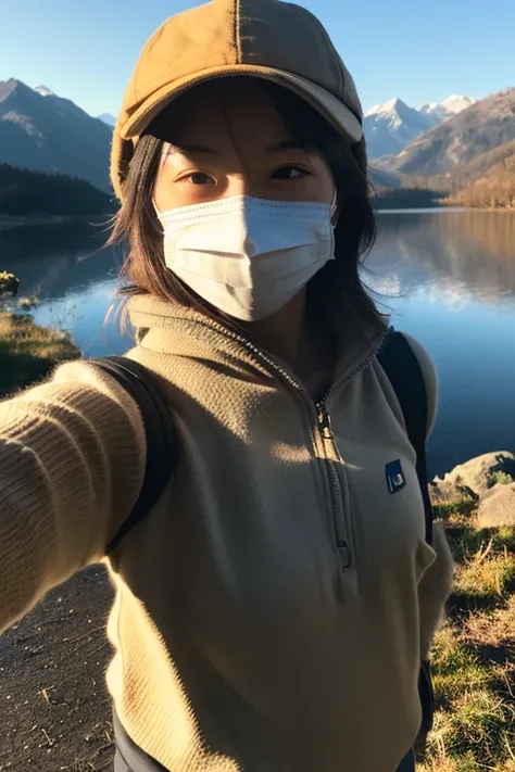 1 female, ((Upper body selfie, Happy)), masterpiece, highest quality, Super detailed, alone, Slender Japan woman, 30 years old, Outdoor, (night), Mountain々, nature, (performer, moon) Hilarious, Backpack, sleeping bag, Camping stove, Water bottle, Mountain ...