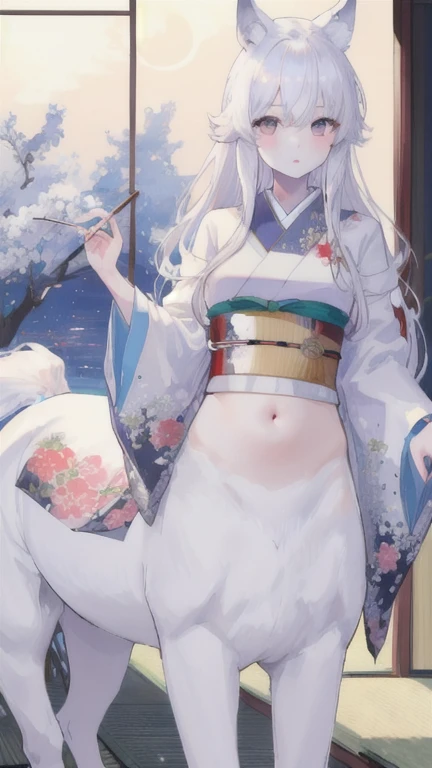 (best quality, masterpiece), 1 girl, centaur, It takes,White skin, kimono, Japanese ,belly button t-shirt, 아름다운 소녀 perfect wolf photo, perfect wolf photo